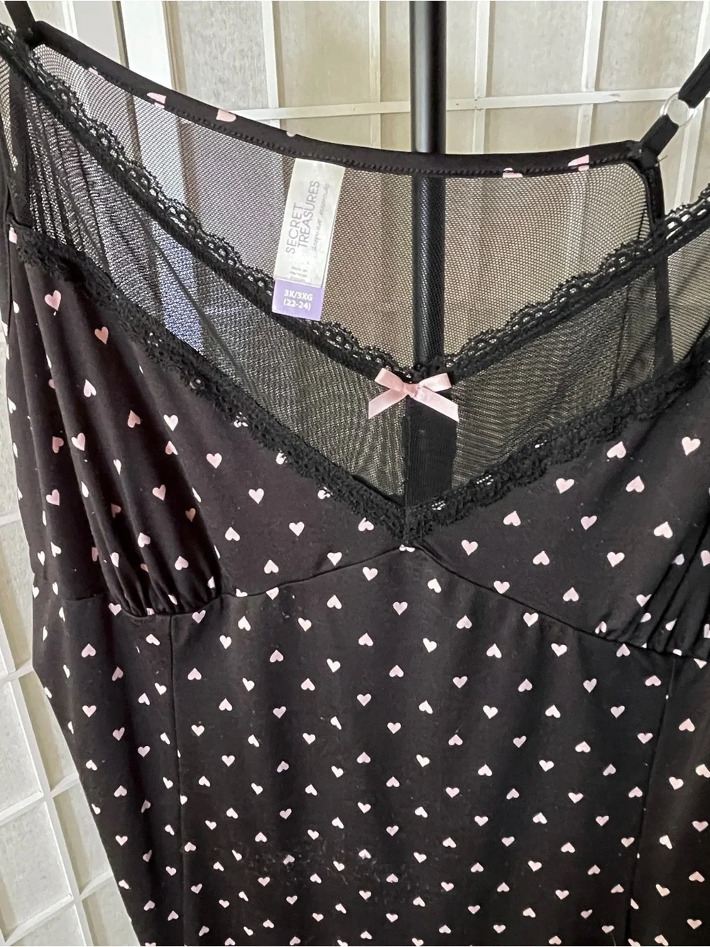 3x Black Slip Nightdress with Pink Hearts, Sheer Upper w/Lace Trim, Stretchy